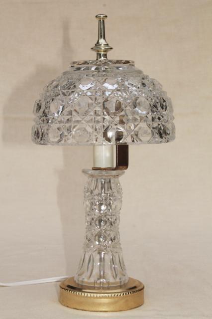 photo of 90s vintage heavy crystal clear glass table lamp, vase base w/ bowl shaped lamp shade #1