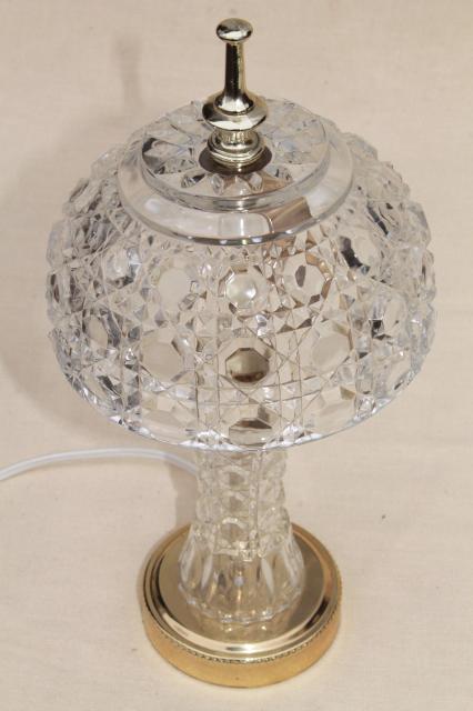 photo of 90s vintage heavy crystal clear glass table lamp, vase base w/ bowl shaped lamp shade #4