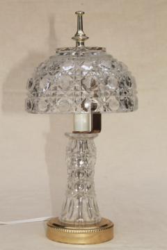 catalog photo of 90s vintage heavy crystal clear glass table lamp, vase base w/ bowl shaped lamp shade