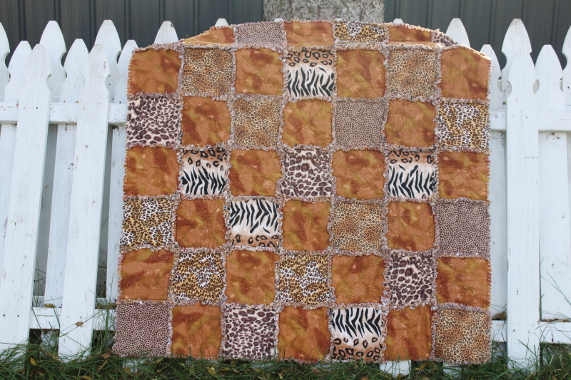 photo of 90s vintage leopard spots tiger cheetah print throw blanket, handmade rag quilt #1