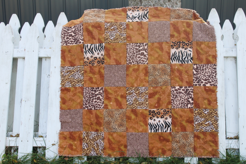 photo of 90s vintage leopard spots tiger cheetah print throw blanket, handmade rag quilt #4