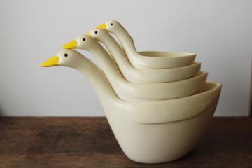 catalog photo of 90s vintage measuring cups, white goose duck family nesting stack, cottage grandmacore country 