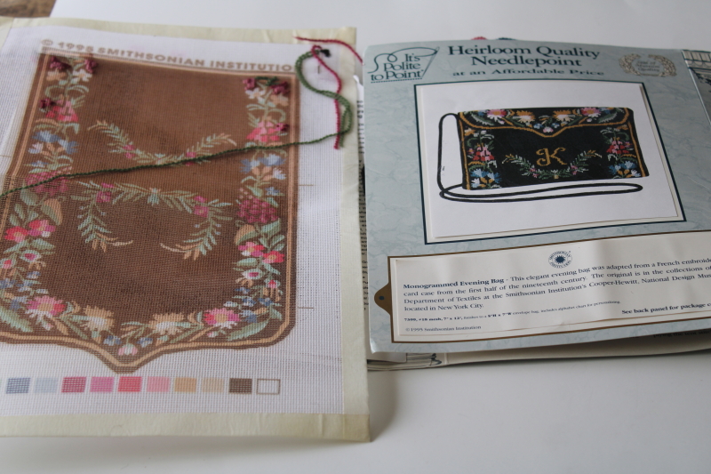 photo of 90s vintage needlepoint kit for evening bag, museum reproduction French card case floral on black #1