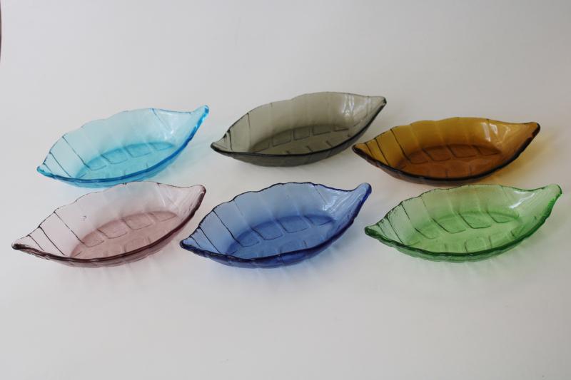 photo of 90s vintage pastels colored glass leaf shaped individual dishes mint in box #3