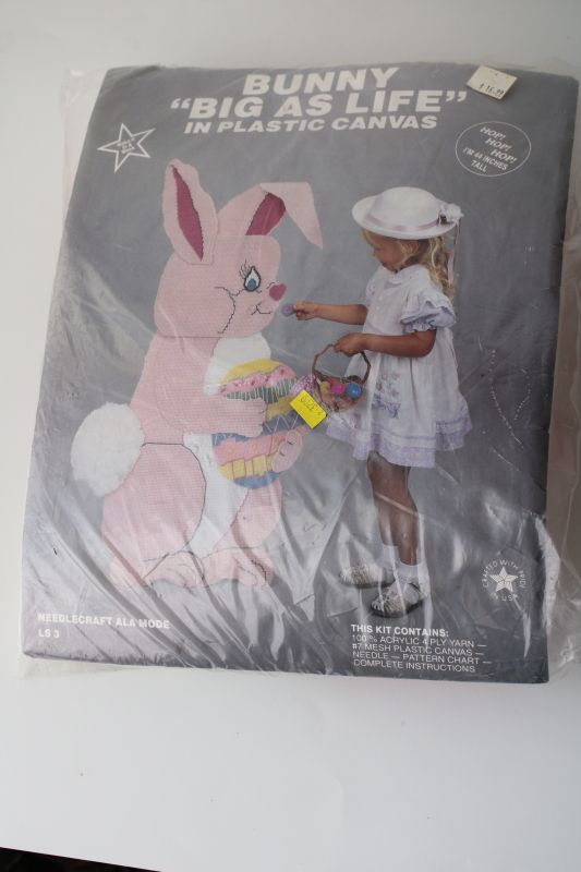 photo of 90s vintage plastic canvas craft kit includes yarn, huge pink Easter bunny to make  #1