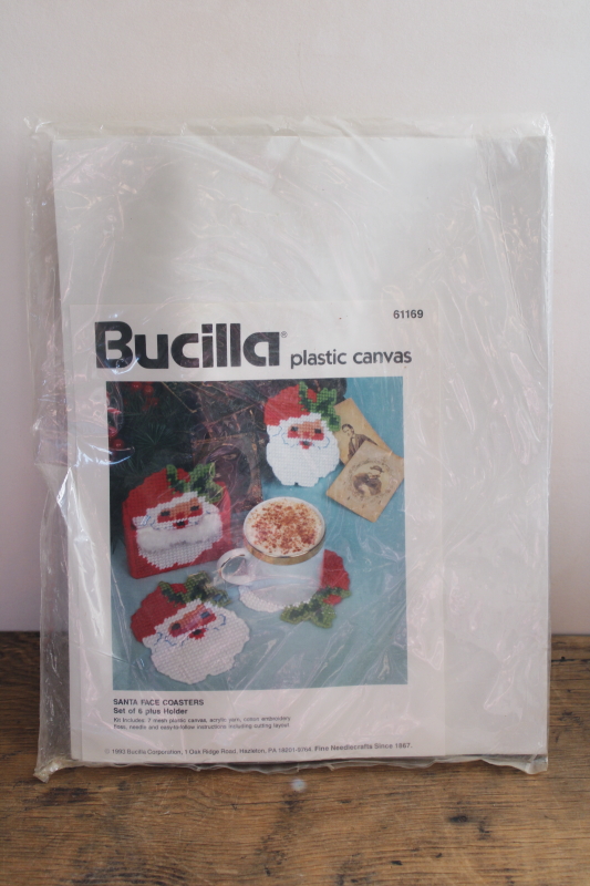 photo of 90s vintage plastic canvas kit Santa face coasters & rack Christmas holiday set #1