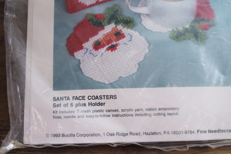 photo of 90s vintage plastic canvas kit Santa face coasters & rack Christmas holiday set #2