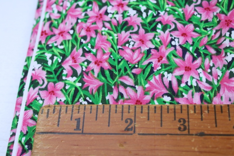 photo of 90s vintage print cotton fabric lot, lily floral prints, bright pink lilies on black, orange tiger lilies #2