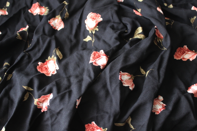 photo of 90s vintage rayon fabric, black w/ large roses gothic romantic boho style #1