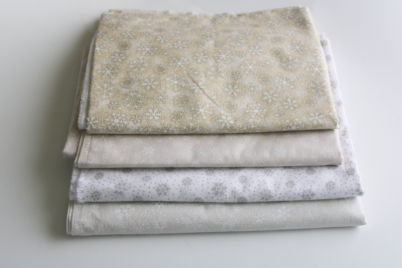 photo of 90s vintage snowflakes print fabric lot, white & ivory neutral Christmas winter holiday  #1