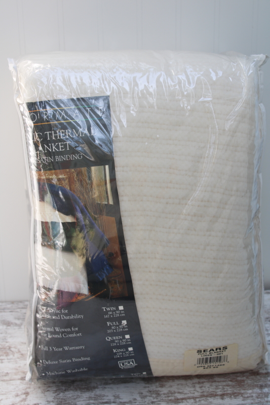 photo of 90s vintage soft fluffy creamy white acrylic thermal weave blanket, in package Sears label #1