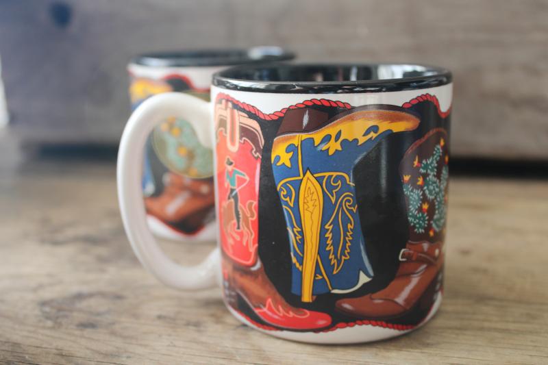 photo of 90s vintage southwest western coffee mugs Two Steppin cowboy boots print #3