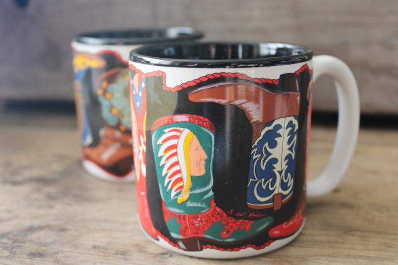 photo of 90s vintage southwest western coffee mugs Two Steppin cowboy boots print #5