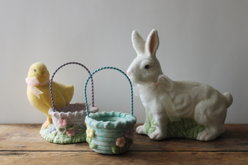 photo of 90s vintage spring decor faux sugared resin figurines lot, Easter basket, baby chick, white bunny #1
