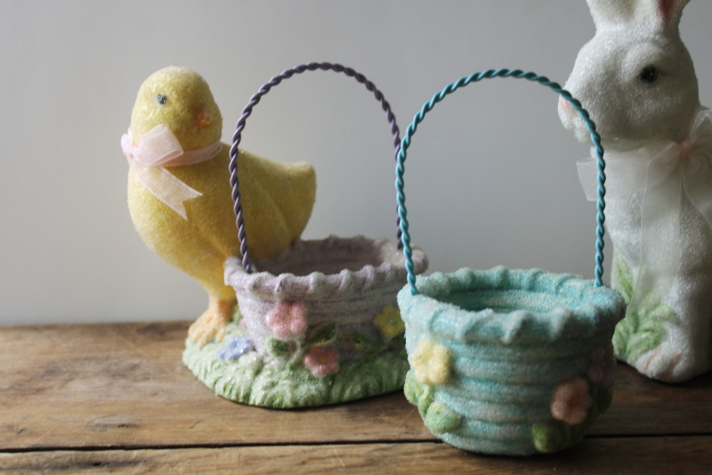 photo of 90s vintage spring decor faux sugared resin figurines lot, Easter basket, baby chick, white bunny  #2