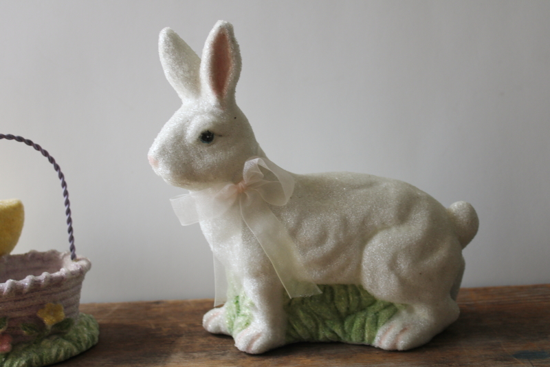 photo of 90s vintage spring decor faux sugared resin figurines lot, Easter basket, baby chick, white bunny  #3