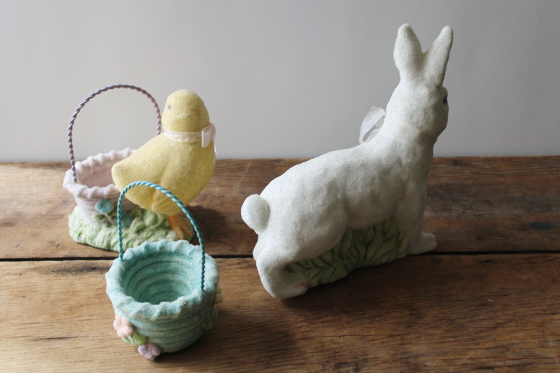 photo of 90s vintage spring decor faux sugared resin figurines lot, Easter basket, baby chick, white bunny  #4