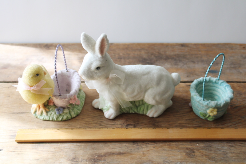 photo of 90s vintage spring decor faux sugared resin figurines lot, Easter basket, baby chick, white bunny  #5