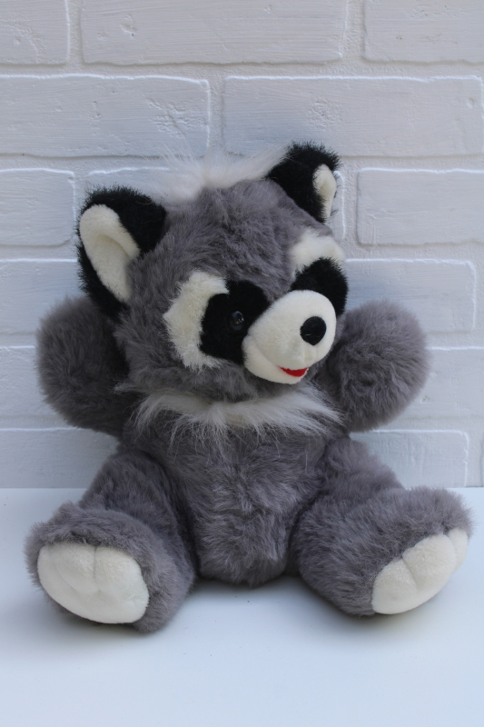 photo of 90s vintage stuffed animal, large toy fluffy furry plush raccoon w/ teddy bear shape #1