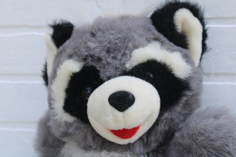 photo of 90s vintage stuffed animal, large toy fluffy furry plush raccoon w/ teddy bear shape #2