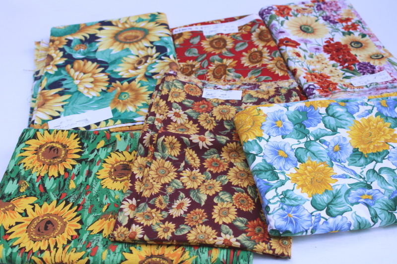 photo of 90s vintage sunflower print cotton fabric lot, retro country style florals large flowers prints #1