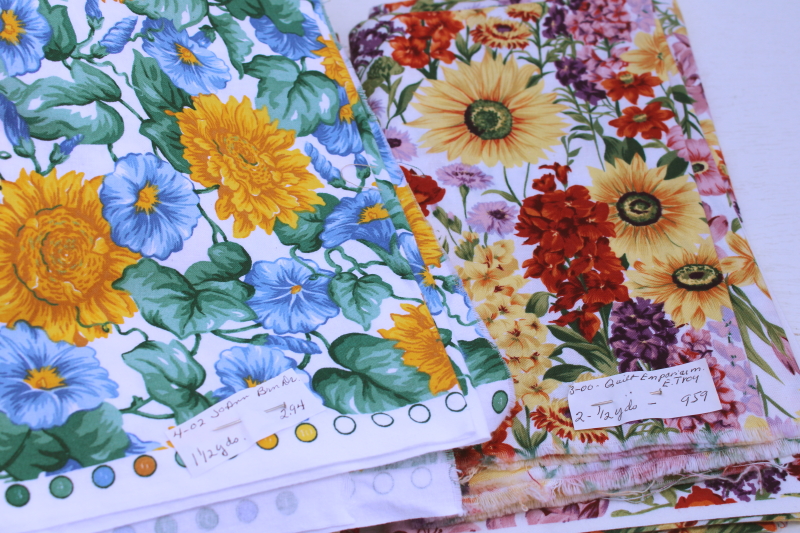 photo of 90s vintage sunflower print cotton fabric lot, retro country style florals large flowers prints #2