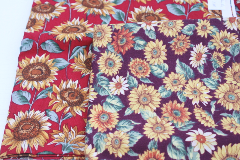photo of 90s vintage sunflower print cotton fabric lot, retro country style florals large flowers prints #3