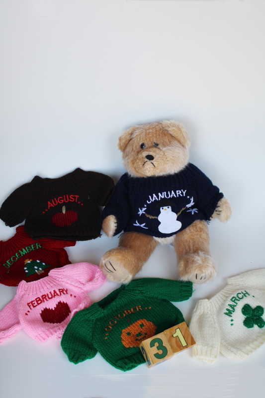 photo of 90s vintage teddy bear w/ calendar blocks & knit sweaters holidays months of the year #1