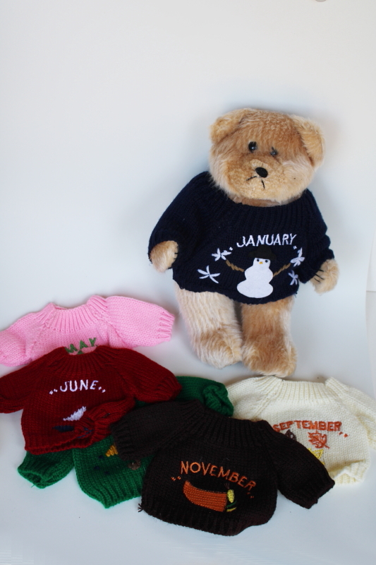 photo of 90s vintage teddy bear w/ calendar blocks & knit sweaters holidays months of the year #4