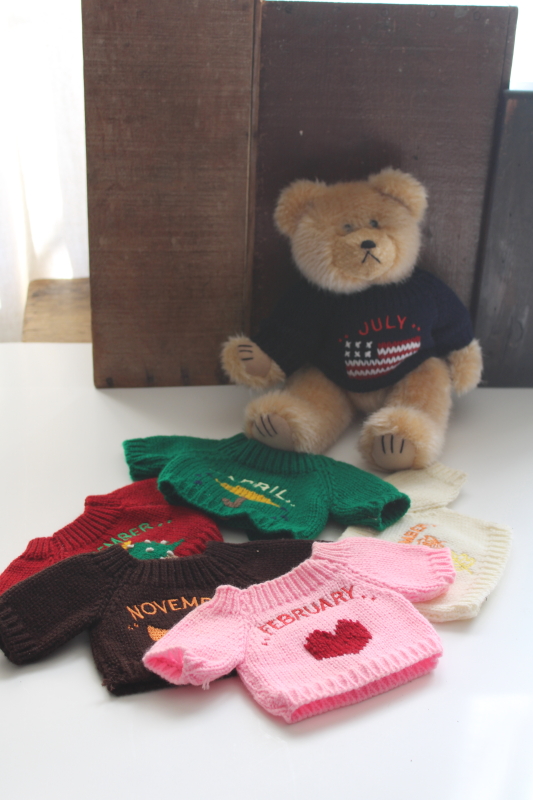 photo of 90s vintage teddy bear with knitted sweaters every month of the year, holiday seasonal decorations #1