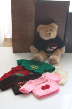 90s vintage teddy bear with knitted sweaters every month of the year, holiday seasonal decorations 