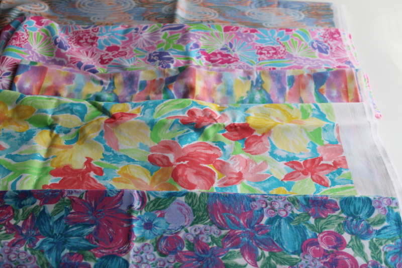 photo of 90s vintage tropical print fabric lot, flowers & watercolor abstract prints in pastels & brights  #1