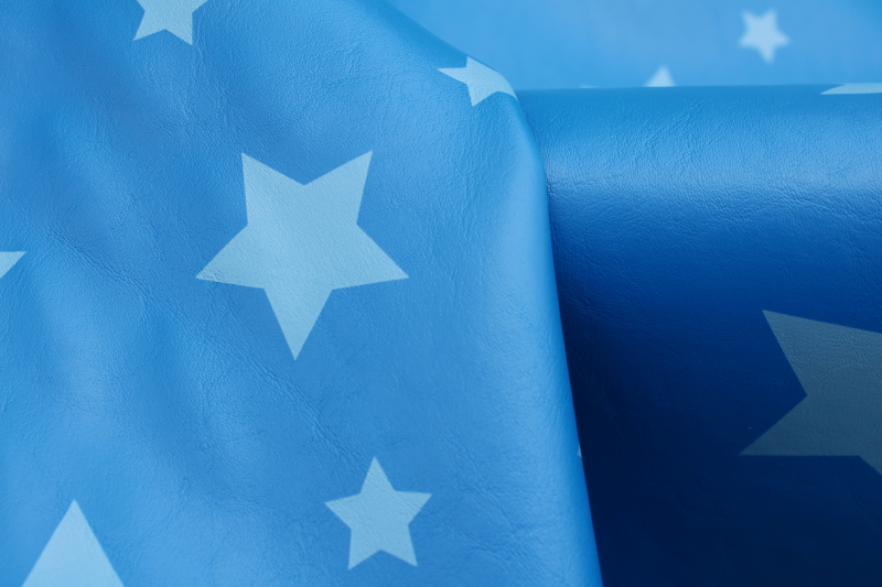 photo of 90s vintage vinyl upholstery fabric, faux leather material retro blue, light blue stars print  #2