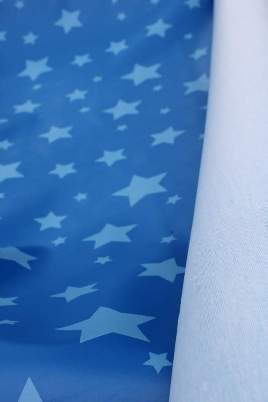photo of 90s vintage vinyl upholstery fabric, faux leather material retro blue, light blue stars print  #7