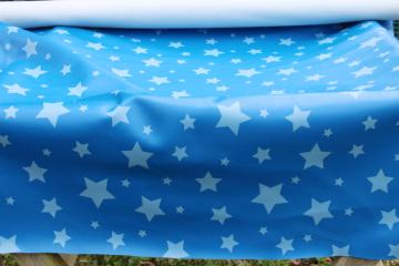90s vintage vinyl upholstery fabric, faux leather material retro blue, light blue stars print 