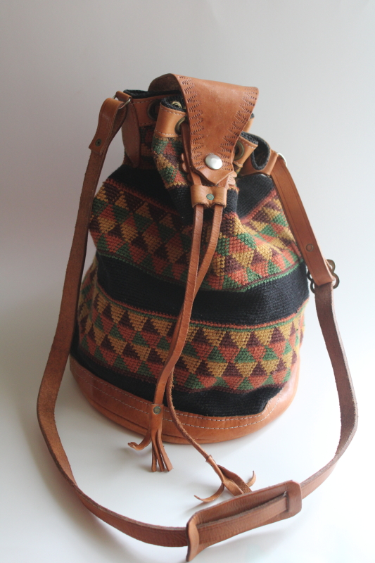 photo of 90s vintage western style bucket bag drawstring purse, cotton crochet leather trim  #1