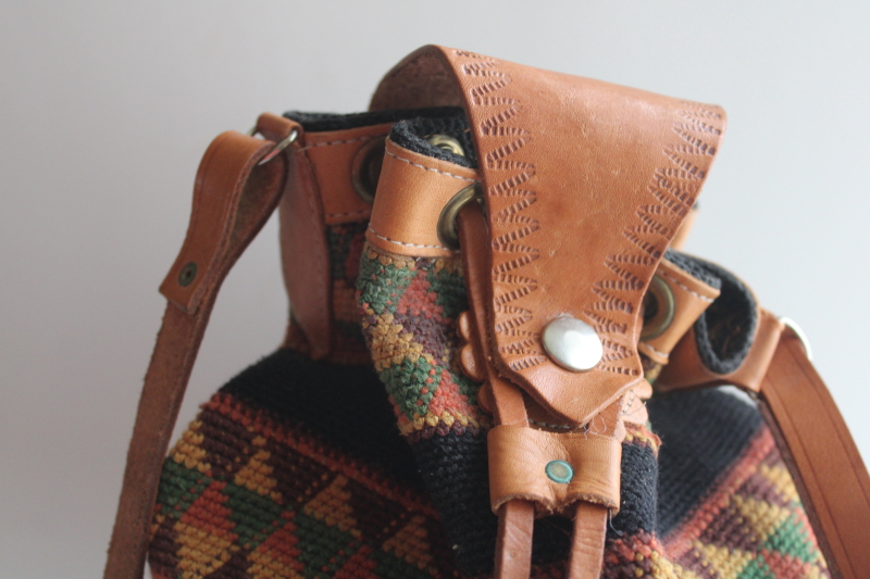 photo of 90s vintage western style bucket bag drawstring purse, cotton crochet leather trim  #4