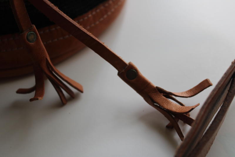 photo of 90s vintage western style bucket bag drawstring purse, cotton crochet leather trim  #5