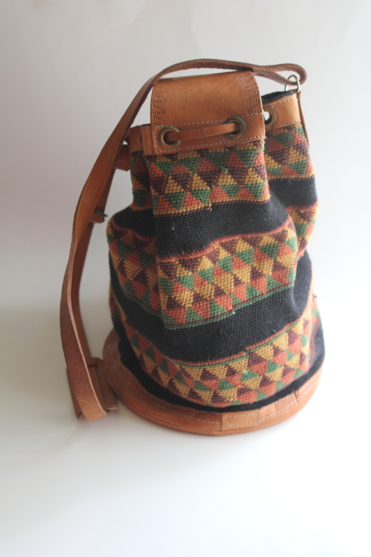 photo of 90s vintage western style bucket bag drawstring purse, cotton crochet leather trim  #7