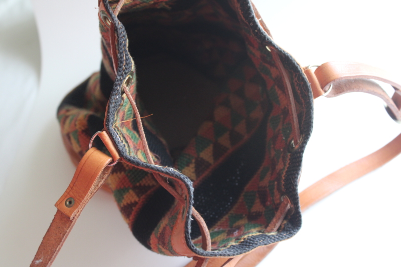 photo of 90s vintage western style bucket bag drawstring purse, cotton crochet leather trim  #8