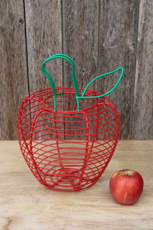 photo of 90s vintage wire basket for apples, red & green apple basket farmhouse kitchen decor #1