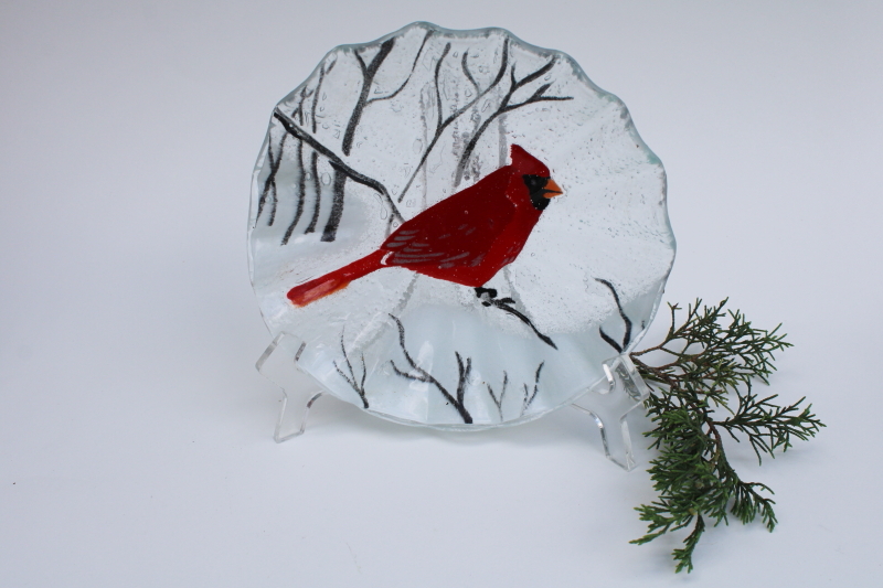 photo of AC Ross signed art fused glass plate, cardinal bird in winter Christmas #1