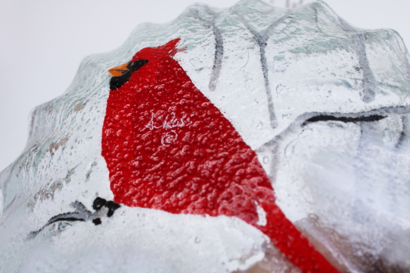 photo of AC Ross signed art fused glass plate, cardinal bird in winter Christmas #2