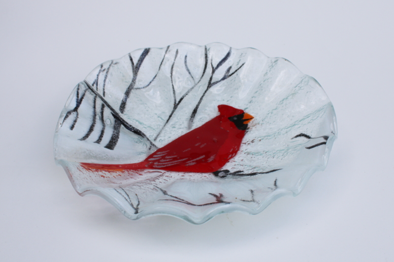 photo of AC Ross signed art fused glass plate, cardinal bird in winter Christmas #3