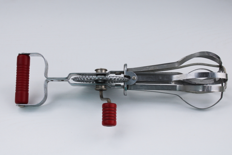 photo of AJ Ekco eggbeater, hand crank rotary mixer w/ red bakelite handles, 1940s or 50s vintage #1