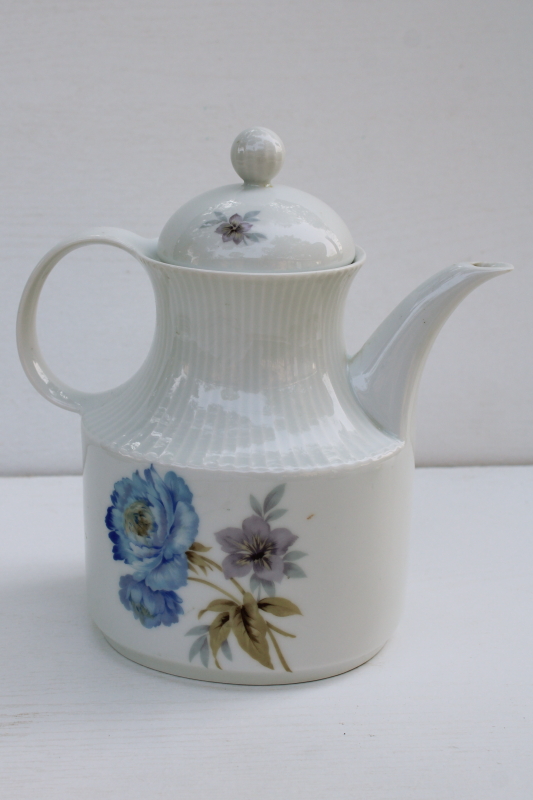 photo of AK Kaiser mid century vintage West Germany porcelain tea or coffee pot, anemone floral in blue & lavender  #4
