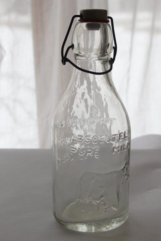 photo of Absolutely Pure Milk glass dairy bottle, 80s vintage antique reproduction w/ bail top  #1