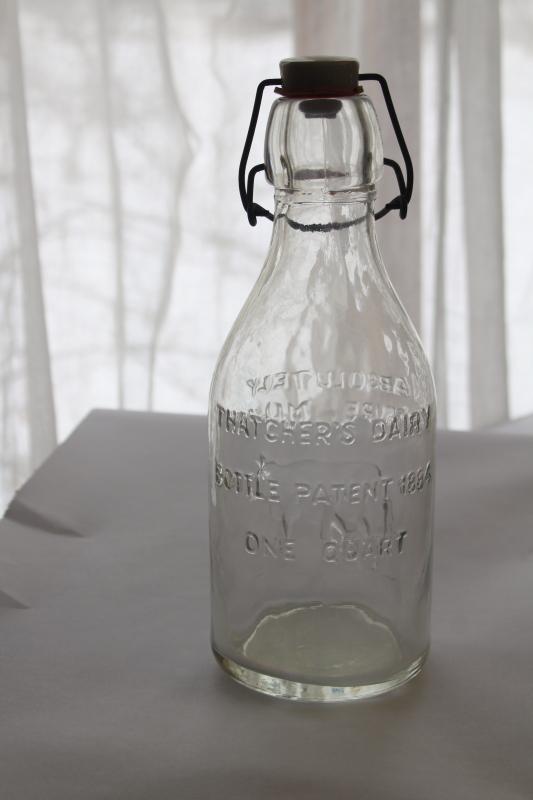 photo of Absolutely Pure Milk glass dairy bottle, 80s vintage antique reproduction w/ bail top  #3