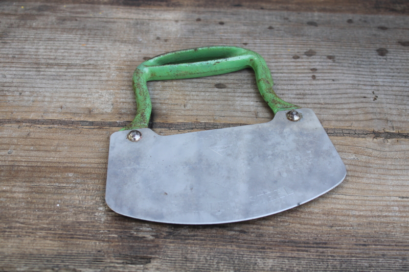 photo of Acme food chopper kitchen tool, 1930s vintage green handle cast iron w/ stainless steel rocking blade  #1