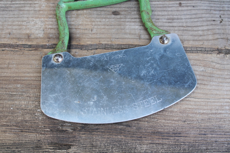 photo of Acme food chopper kitchen tool, 1930s vintage green handle cast iron w/ stainless steel rocking blade  #2